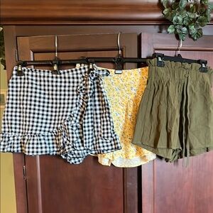 Stylish Shorts  Trio - Black Checkered, Yellow Floral, Olive Green